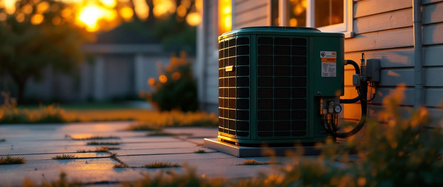 An HVAC condenser being serviced at dusk