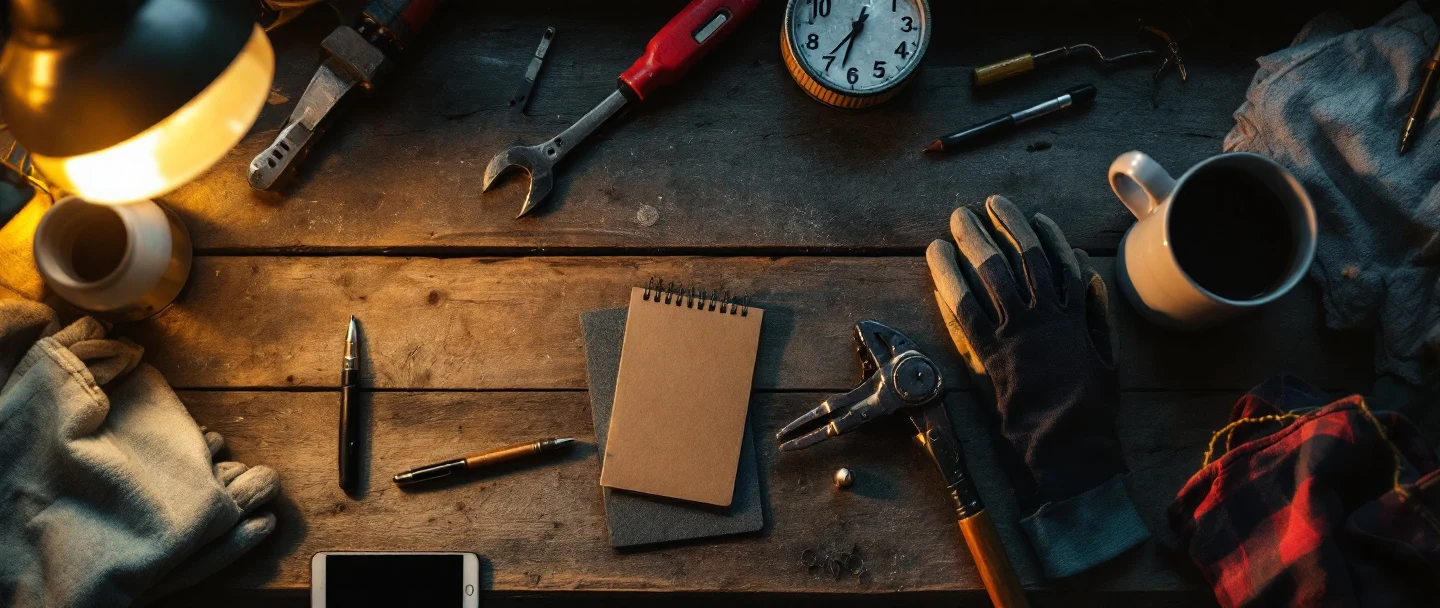 A tradesman's workbench with tools, a phone, and a notepad