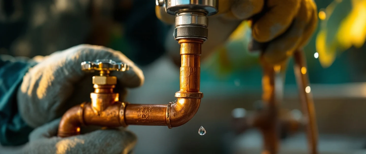 A plumber tightening a copper pipe fitting