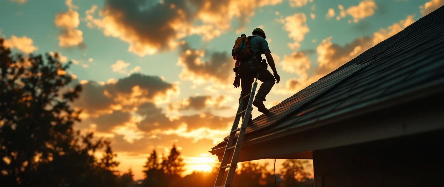 A roofer working on a shingle roof at golden hour