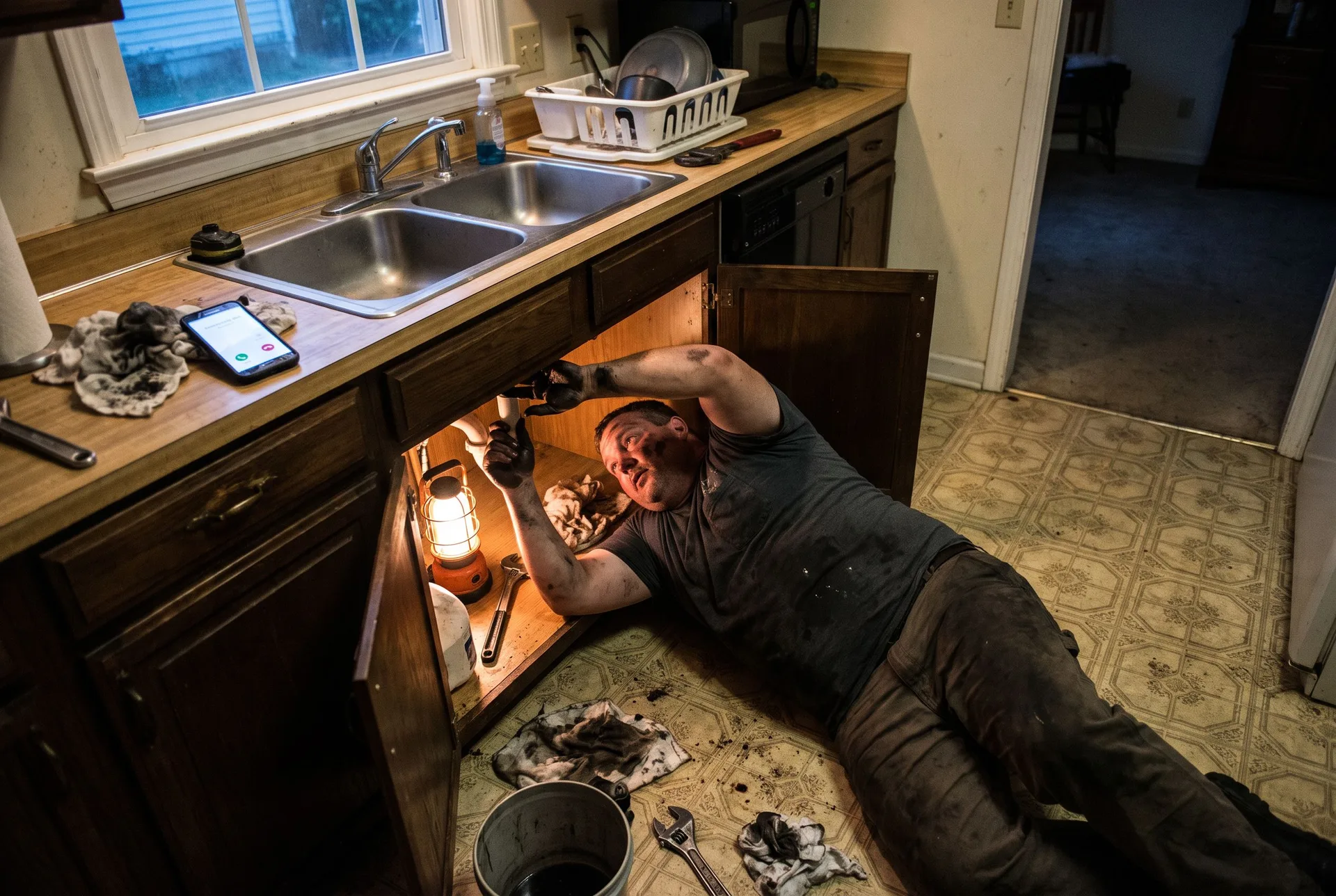 A plumber working under a kitchen sink at dusk while his phone rings on the counter