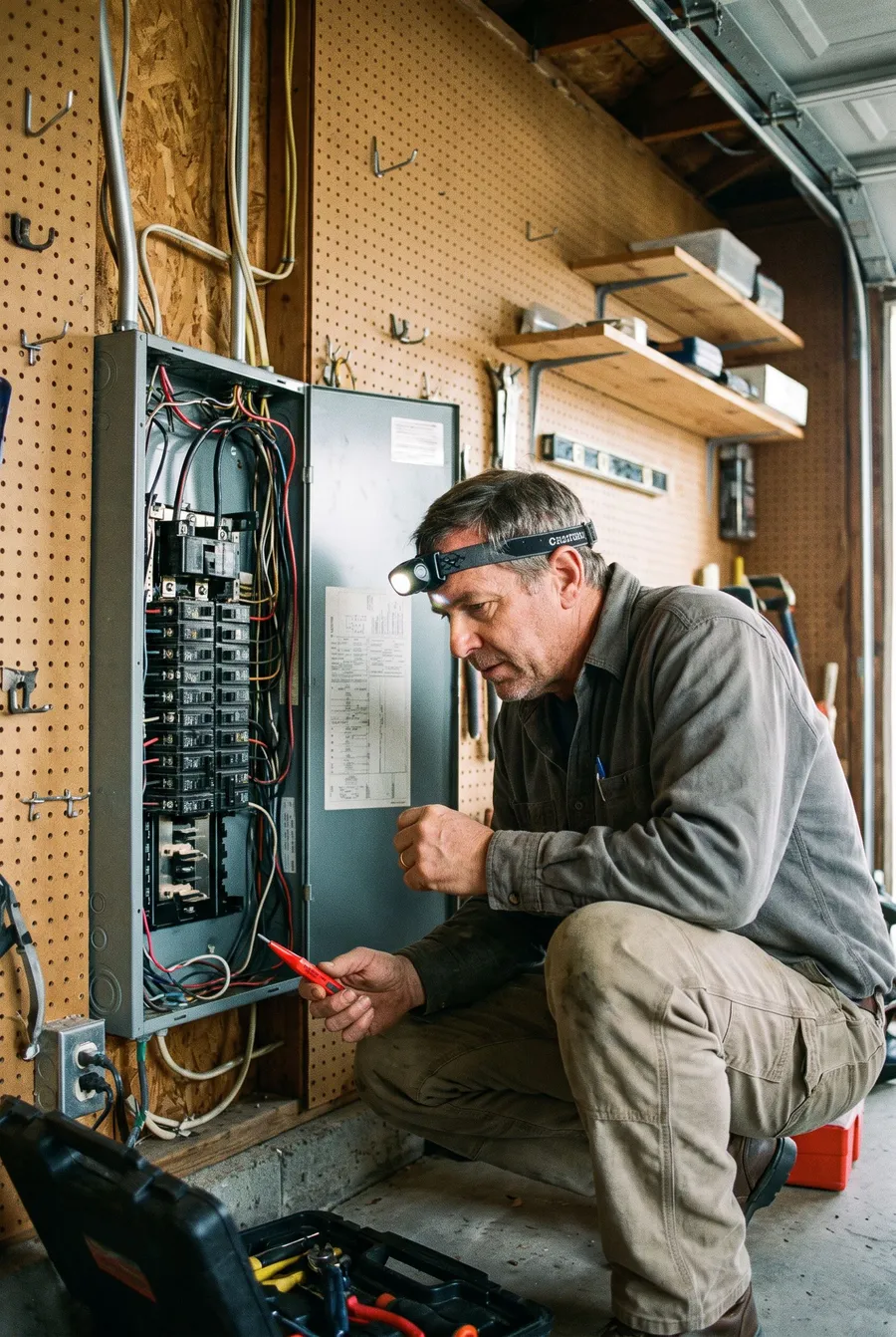 An electrician working at an electrical panel