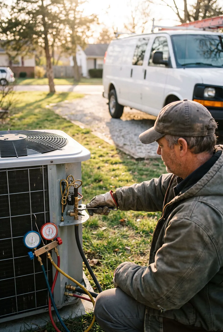 An HVAC technician servicing a condenser at dusk