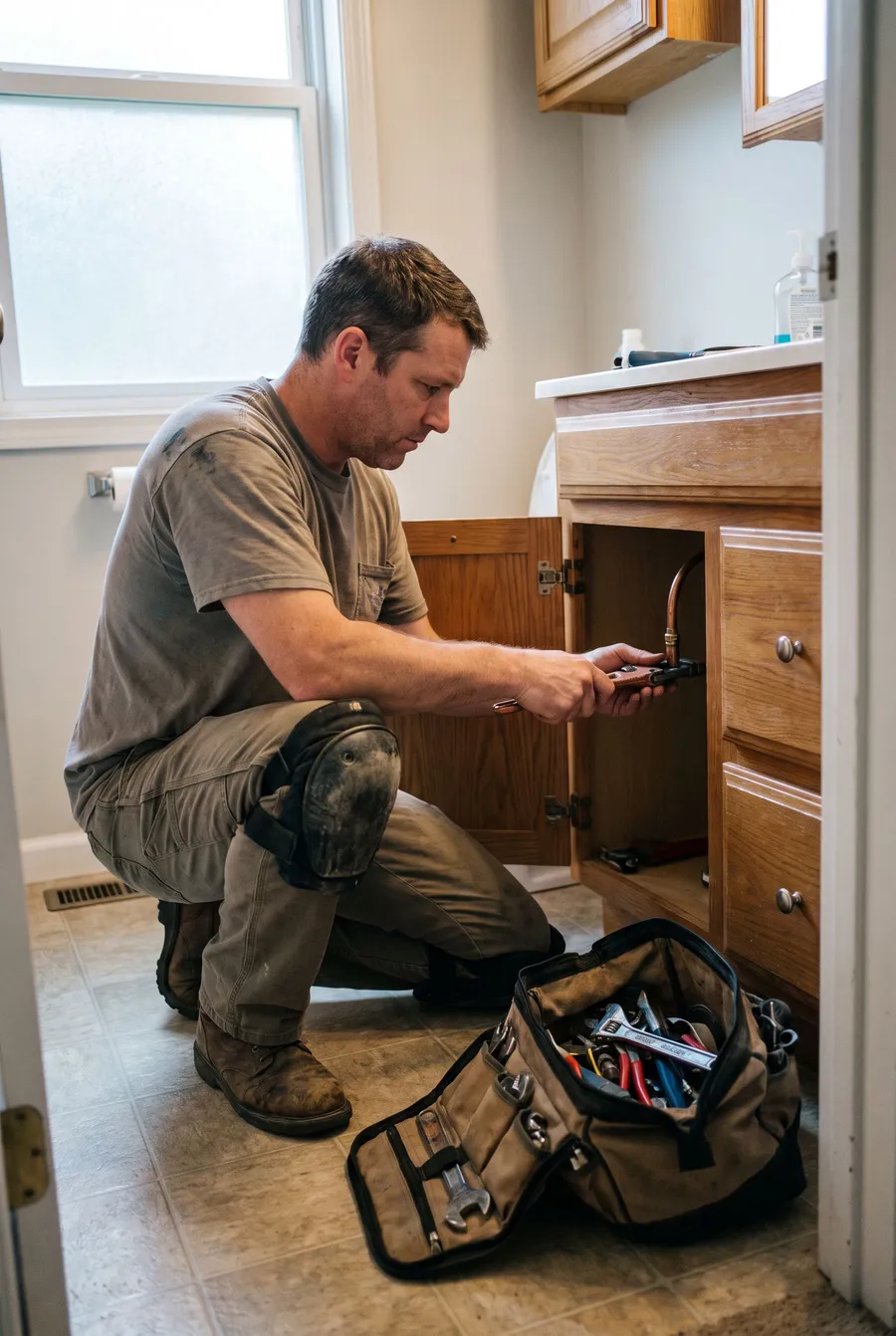 A plumber working under a kitchen sink