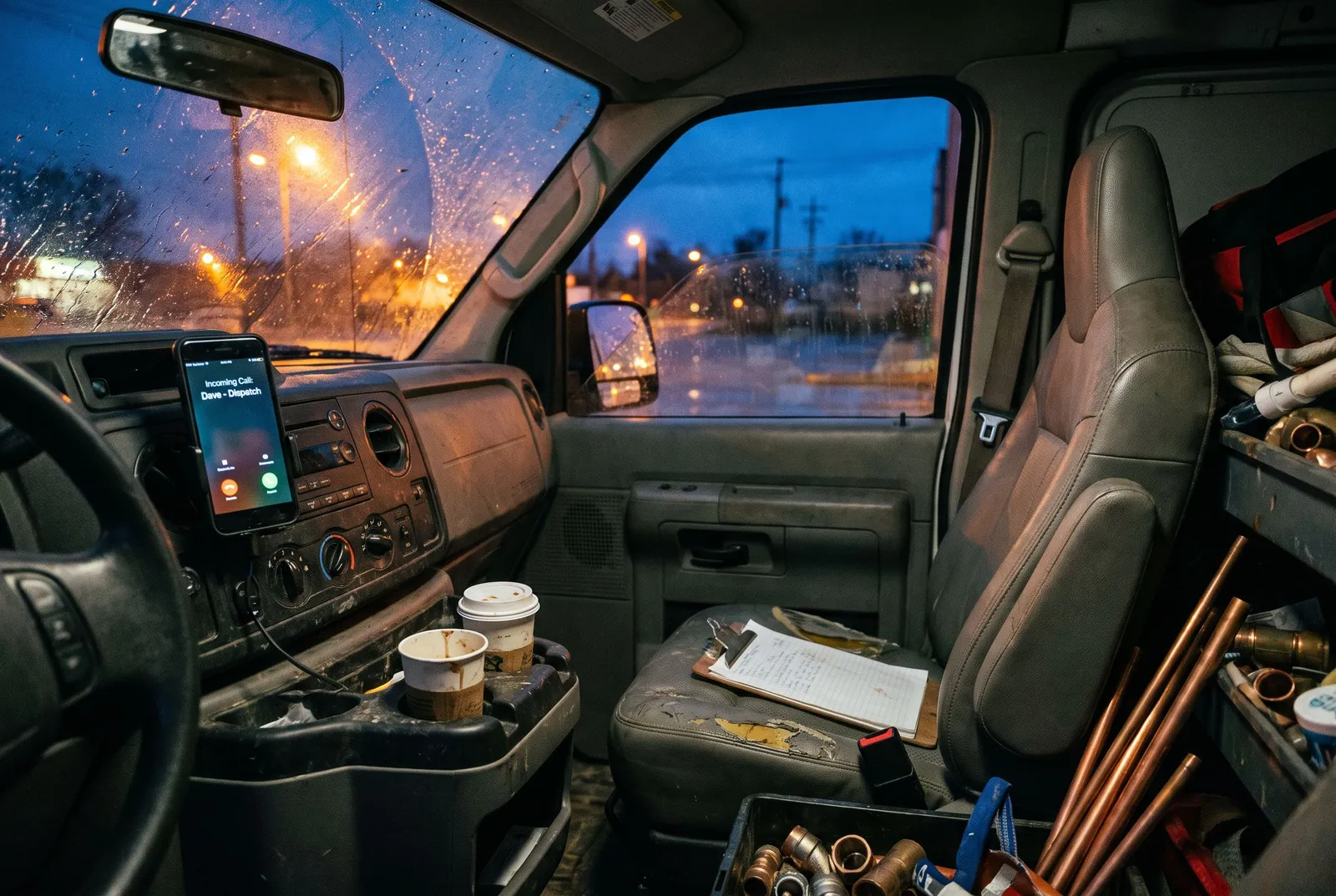 Inside a work van at dusk, a dash-mounted phone lighting up with an incoming call